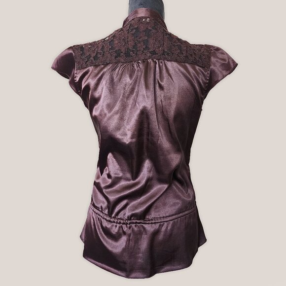 LOVE SQUARED Brown Satin Drawstring Button Blouse w/ Lace Detailing Top Shirt - Picture 3 of 9